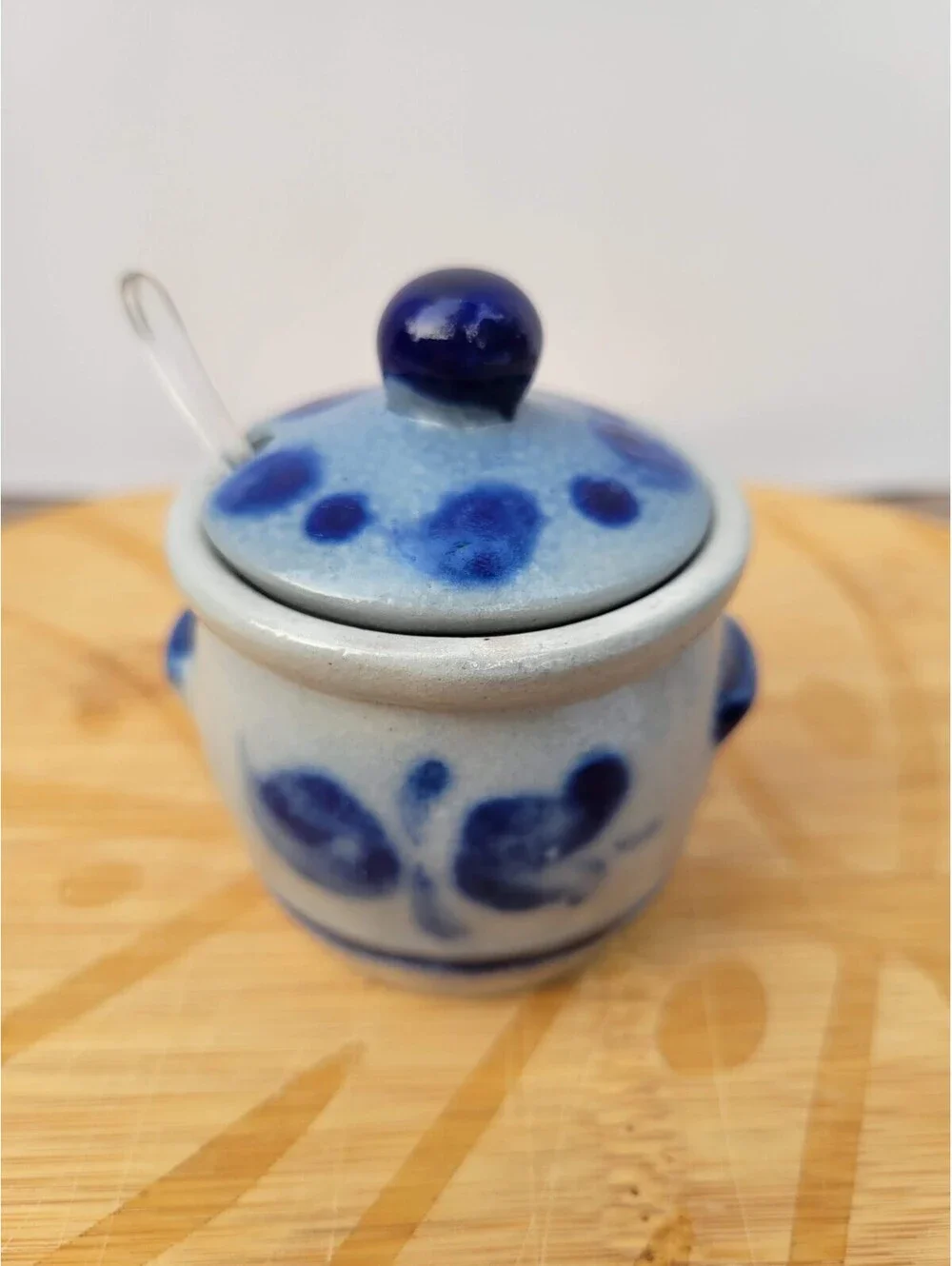 Blue Stoneware Sugar Bowl With Lid Spoon Floral Country Farmhouse Kitchen Decor